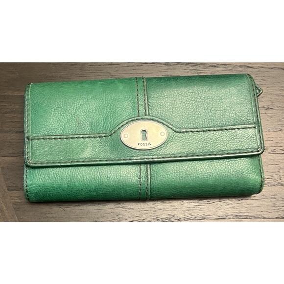 Vintage Fossil Marlow Trifold Checkbook Wallet Leather Kelly Green Keyper Cards - Picture 2 of 16